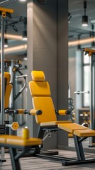 A modern gym with empty benches and exercise equipment, featuring a vibrant yellow bench. Gray walls, polished surfaces, and sunlight create an inviting atmosphere.