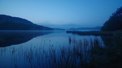 Fototapeta premium Tranquil lakeside scene: calm water reflects sky colors, tall grass in foreground, hills or mountains, serene atmosphere at sunset or sunrise.