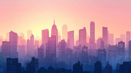Fototapeta premium Stylized vector illustration of a city skyline at dusk, with detailed buildings and soft gradients creating a sleek urban backdrop