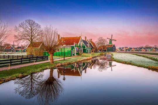 view of Zaanse Schans village at sunrise, Holland, Netherlands