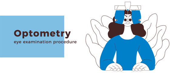 Optometry. Eye Test and Prescription Glasses. Female Perform Eye Test with Automated Digital Phoropter. Black and White Modern Flat Vector Illustration. Landing Page Design Template. Website Banner.