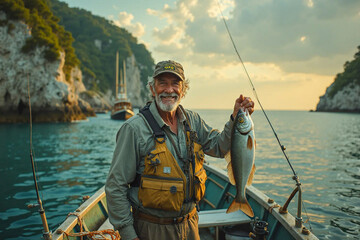 Fototapeta premium Elderly Man Holding a Freshly Caught Fish on a Boat - AI generated