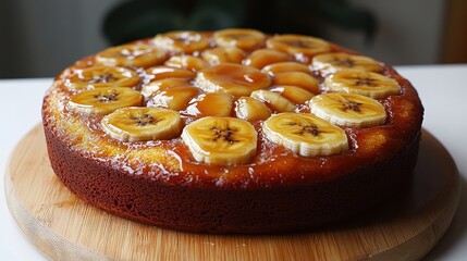 A delicious banana upside-down cake rests on a wooden board, showcasing caramelized fruit