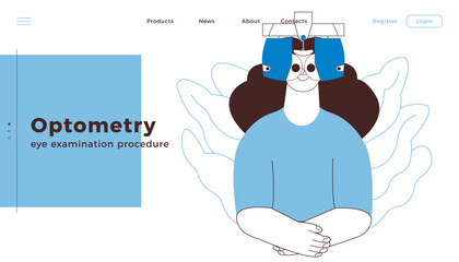 Optometry. Eye Test and Prescription Glasses. Female Perform Eye Test with Automated Digital Phoropter. Black and White Modern Flat Vector Illustration. Landing Page Design Template. Website Banner.