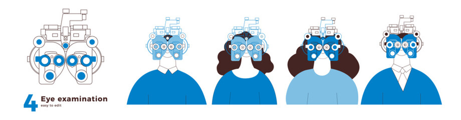Eye examination collection. Optometry. Male and Female Perform Eye Test with Manual Vision Tester. Black and White Modern Flat Vector Illustration. Social Media Template.