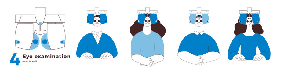 Eye examination collection. Optometry. Female and Male Perform Eye Test with Automated Digital Phoropter. Black and White Modern Flat Vector Illustration. Social Media Template.