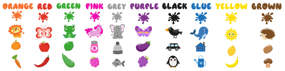 Set of colorful objects. Learning colors for children. Worksheet for preschool children. Learning primary colors for preschoolers. Educational flashcards for children.