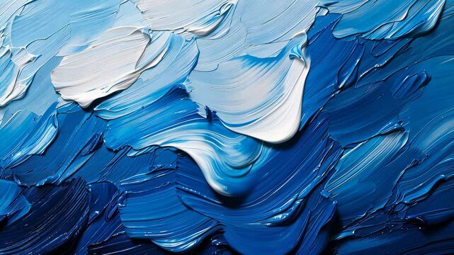 Vibrant blue and white oil paint strokes close-up, abstract art texture. Creative expression and artistic concept
