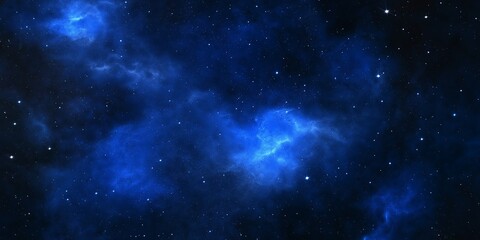 Vivid deep blue starry nebula in space with bright stars scattered across the sky.