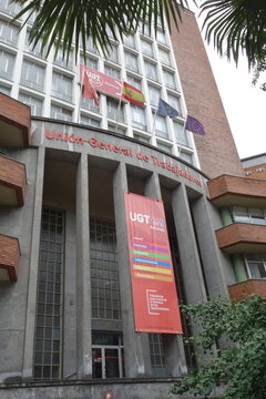 The regional territorial branch of the Uni&oacute;n General de Trabajadoras y Trabajadores (UGT) located at Plaza del General Ord&oacute;&ntilde;ez, Oviedo, Spain, defending workers' right
