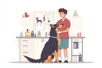 Illustration of a veterinarian checking a large dog in a clinic, with medical supplies and shelves in the background