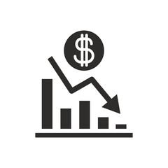 dollar graph down icon, economic crisis, cost reduction, flat vector illustration