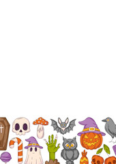 Halloween poster, vertical a4 background, space for text. Colorful bottom icons frame. Holiday elements, skull, ghost, pumpkin, sweets, zombie hand. For card, banner, invitation, party or planner