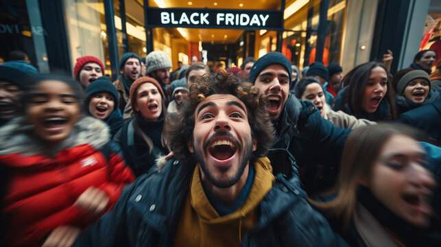 Energetic crowd rushing in a mall under a Black Friday banner.
