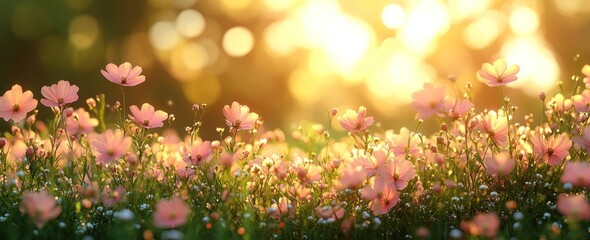 Pink Flowers Blooming in a Field of Green at Sunset