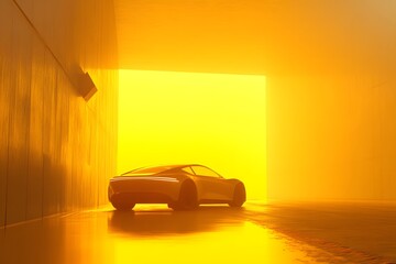 A Black Sports Car in a Yellow Foggy Tunnel