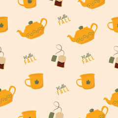 Seamless pattern with  teapot,  cup, tea bag and handwritten lettering.  Autumn pattern. Perfect for product design, wallpaper, scrapbooking. EPS 10