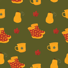 Seamless pattern with pumpkins,  boots, cup and autumn leaves. Autumn pattern. Perfect for product design, wallpaper, scrapbooking. EPS 10