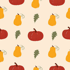 Seamless pattern with pumpkins and autumn leaves. Autumn pattern. Perfect for product design, wallpaper, scrapbooking.  EPS 10
