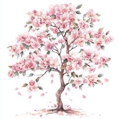 Fototapeta premium 6. Elegant sakura tree, blooming with roses and peonies, lush summer leaves, delicate watercolor style