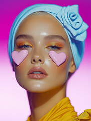 Close-up of a model with pastel pink heart patches and a blue floral headwrap. A soft and elegant editorial blending color contrast and fashion.