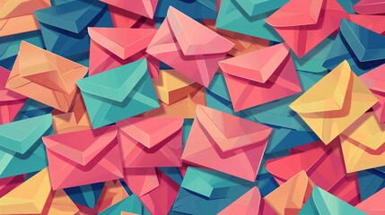 Obraz premium Colorful envelopes background. Stack of blank envelopes. Email. Marketing digital design. Vector illustration.