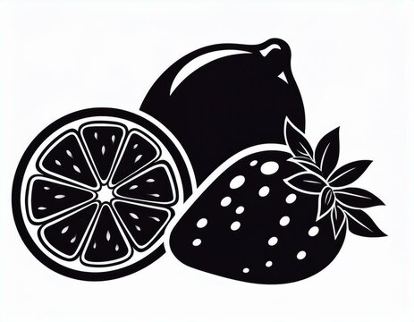 schwarze Silhouette Kontrast Zitrone mit Erdbeeren Icon, isoliert auf wei&szlig;en Hintergrund, Freisteller 