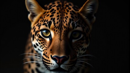 Fototapeta premium Leopard's muzzle in close-up on a black background