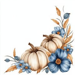 10. Watercolor vector design, pumpkins with beige and blue flowers, corner border for harvest cards