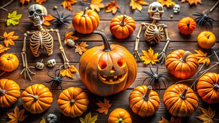 Halloween pumpkin decoration skeletons spiders Jack o lantern decoration wooden background