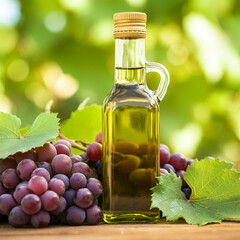 A bottle of grapeseed oil with a light green hue, surrounded by fresh grapes 