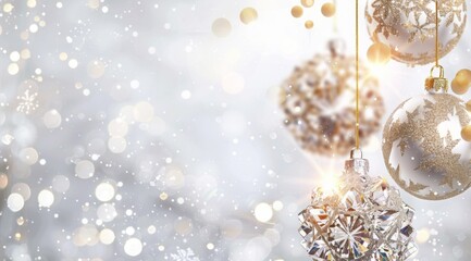 Golden snowflake ornaments hanging against a dreamy Christmas background, adorned with soft bokeh lights creating a warm, festive atmosphere. The blurred backdrop enhances the sparkle and magic scene