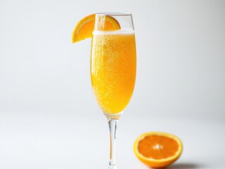 Mimosa cocktail with orange slice is sparkling on white background