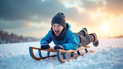 A child is sliding down a slide on a sled, an emotional photo