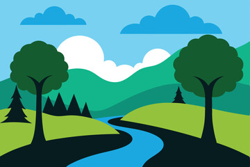 Landscape, trees and river silhouette Background design