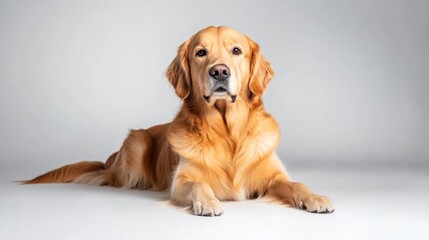 A golden retriever lying gracefully on a neutral background.