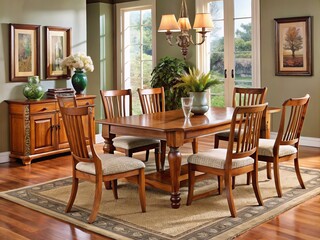 Fototapeta premium Wooden table and chairs in a traditional design, boasting intricate carvings and a rich, dark stain that adds