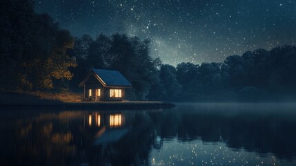 Fototapeta premium Cabin by the Lake Under a Starry Sky