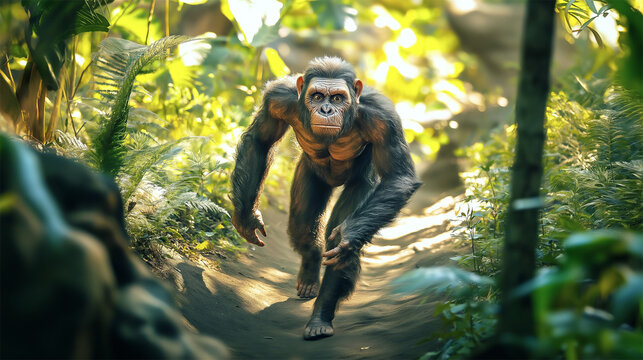 Australopithecus africanus walking in jungle, realistic depiction of prehistoric hominid
