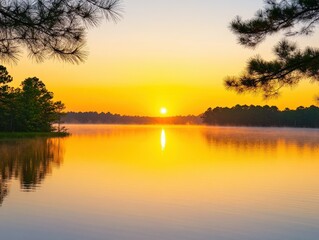 Fototapeta premium Golden sunrise over tranquil lake with silhouettes of pine trees in the early morning