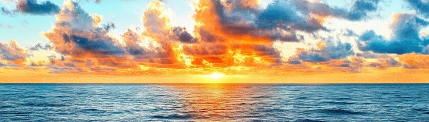 Obraz premium A breathtaking sunset over a calm ocean, with vibrant colors reflecting on the water, creating a serene and tranquil scene.