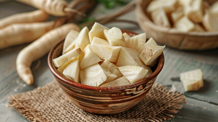 Parsnip pieces filled in bowl placed on table