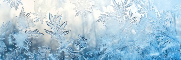 Magical frost ornaments on the window. Closeup of frozen ice on the glass. Panoramic background
