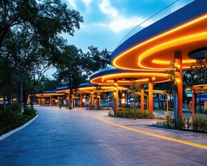 Fototapeta premium A modern walkway illuminated by vibrant lights, surrounded by lush trees, creating a serene atmosphere at dusk.