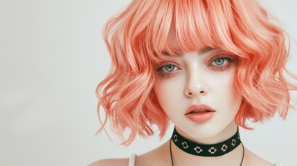 Fototapeta premium A captivating portrait of a young woman with vibrant pink hair and striking green eyes, exuding modern beauty and style.