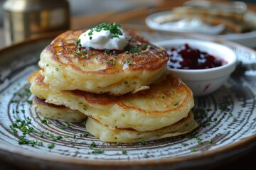 Russia: Syrniki Golden-brown cheese pancakes served with sour cream and a side of berry jam. 