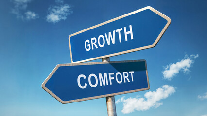 Fototapeta premium Two directional road signs with growth and comfort options, symbolic crossroads under blue sky, decision-making concept, choosing between personal development and staying safe, signpost choice