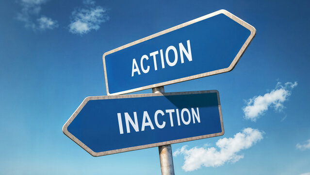 Naklejki Two directional road signs with action and inaction options, symbolic crossroads under clear blue sky, decision-making concept, choosing between progress and stagnation represented by signpost choice