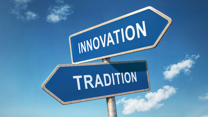 Fototapeta premium Two directional road signs with innovation and tradition options, symbolic crossroads under a blue sky, decision-making concept, choosing between modernity and heritage represented by signpost choice