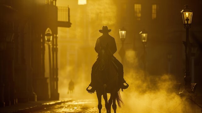 A silhouetted rider on horseback in a misty, atmospheric street at dawn.